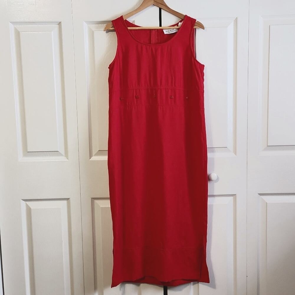 Vintage Halmode Petites Women's Red Floral Textured Dress Size Med‎ Midi Buttons